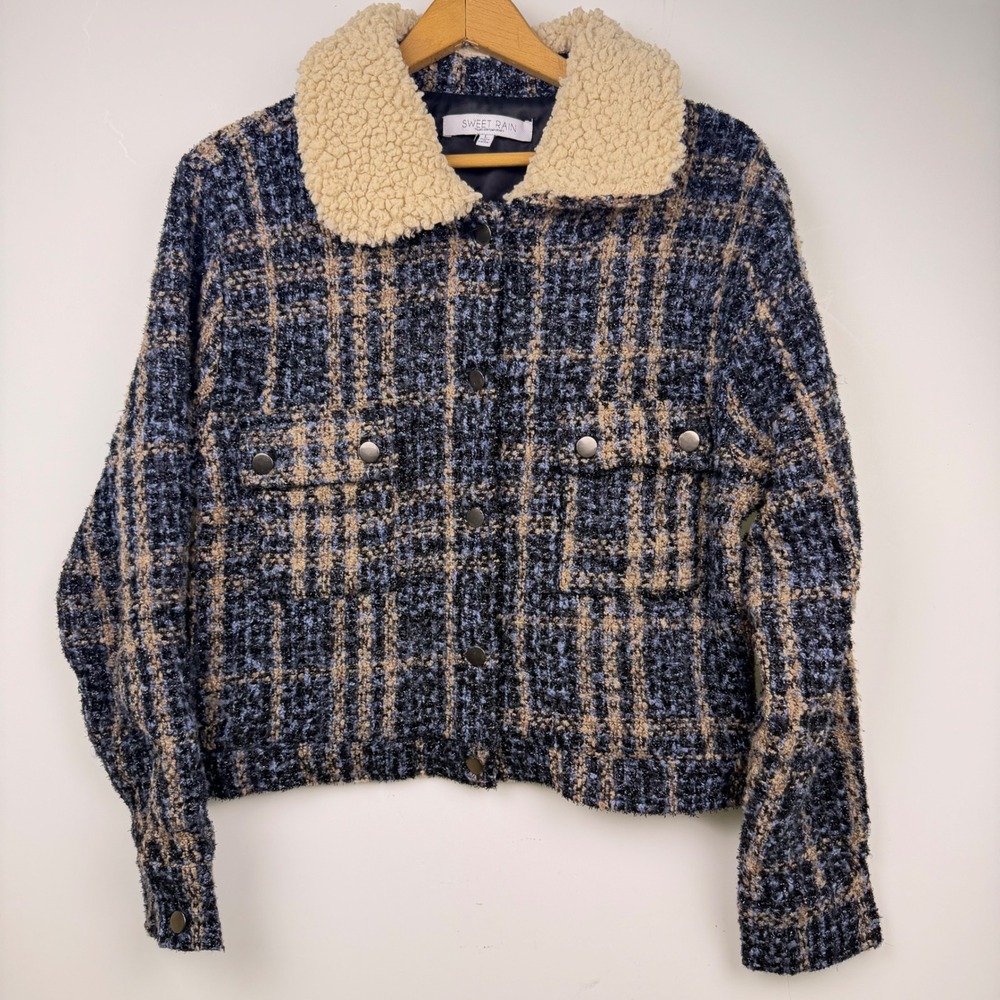 Sweet Rain Blue Plaid Woodsy Tweed Cropped Jacket Faux Shearling Collar Large